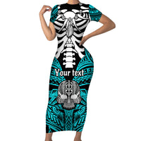 Personalised Polynesia Skull Family Matching Short Sleeve Bodycon Dress and Hawaiian Shirt With Boars Tusk Aqua Arty Vibe LT9 Mom's Dress Aqua - Polynesian Pride