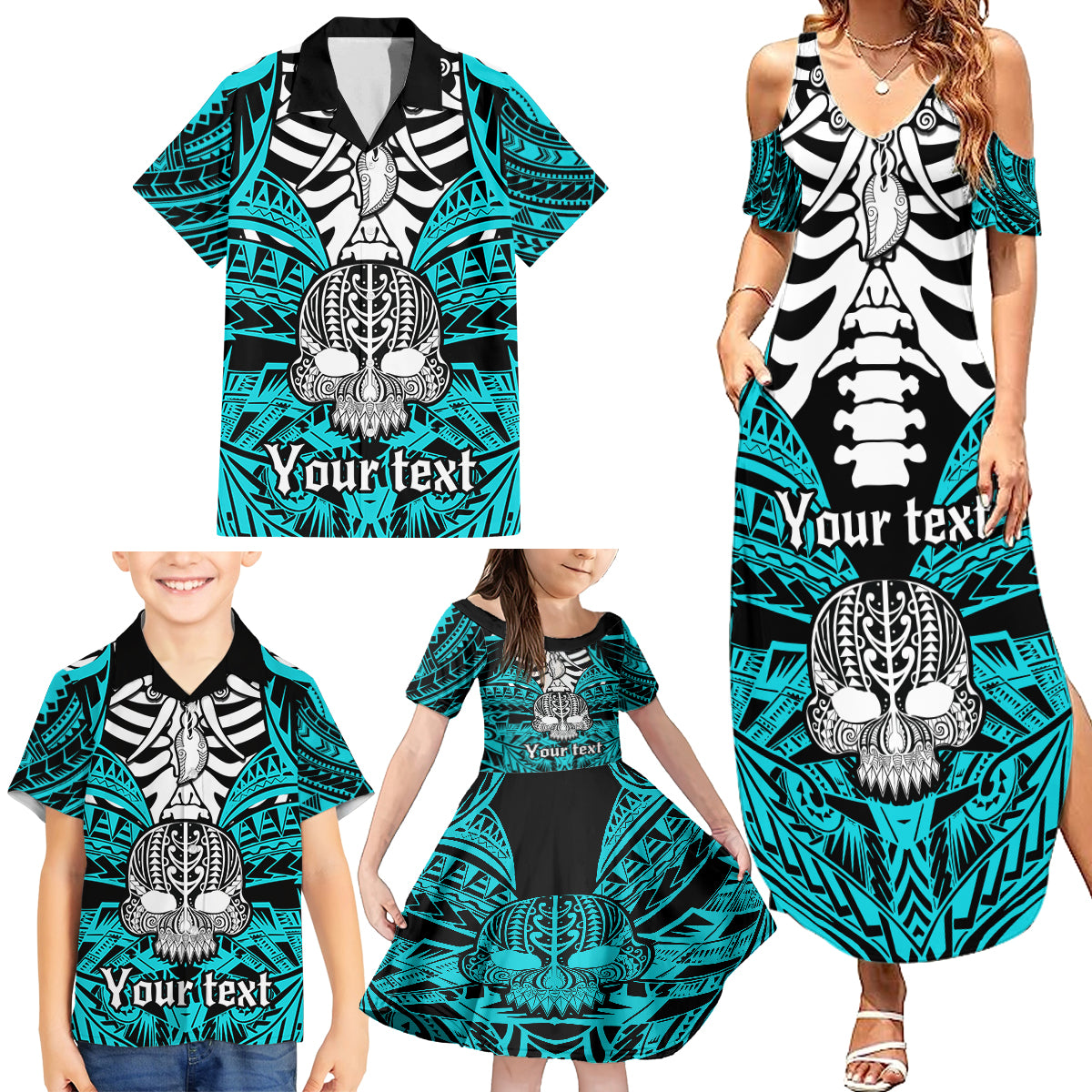 Personalised Polynesia Skull Family Matching Summer Maxi Dress and Hawaiian Shirt With Boars Tusk Aqua Arty Vibe LT9 - Polynesian Pride