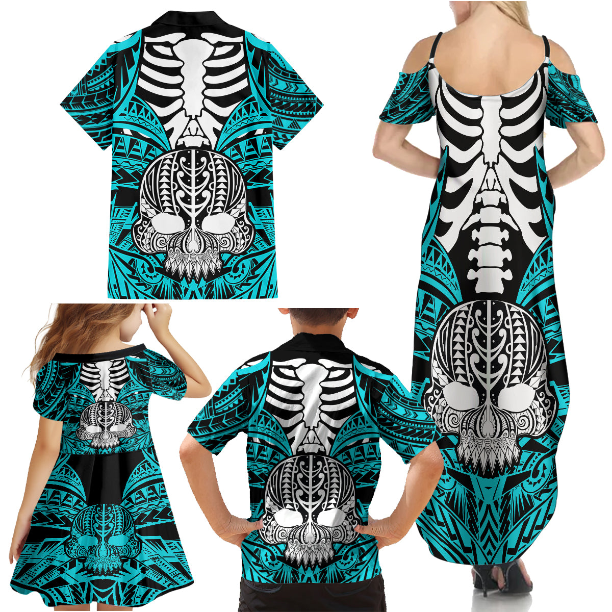 Personalised Polynesia Skull Family Matching Summer Maxi Dress and Hawaiian Shirt With Boars Tusk Aqua Arty Vibe LT9 - Polynesian Pride