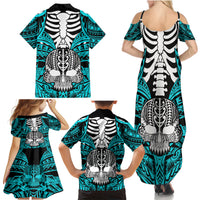 Personalised Polynesia Skull Family Matching Summer Maxi Dress and Hawaiian Shirt With Boars Tusk Aqua Arty Vibe LT9 - Polynesian Pride