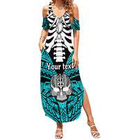 Personalised Polynesia Skull Family Matching Summer Maxi Dress and Hawaiian Shirt With Boars Tusk Aqua Arty Vibe LT9 Mom's Dress Aqua - Polynesian Pride