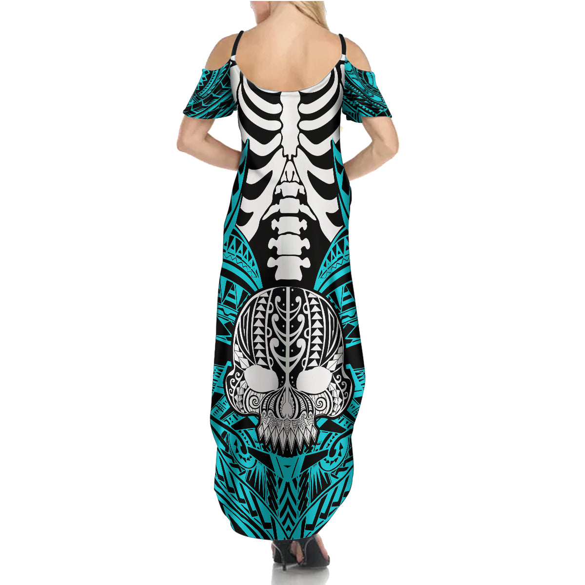Personalised Polynesia Skull Family Matching Summer Maxi Dress and Hawaiian Shirt With Boars Tusk Aqua Arty Vibe LT9 - Polynesian Pride
