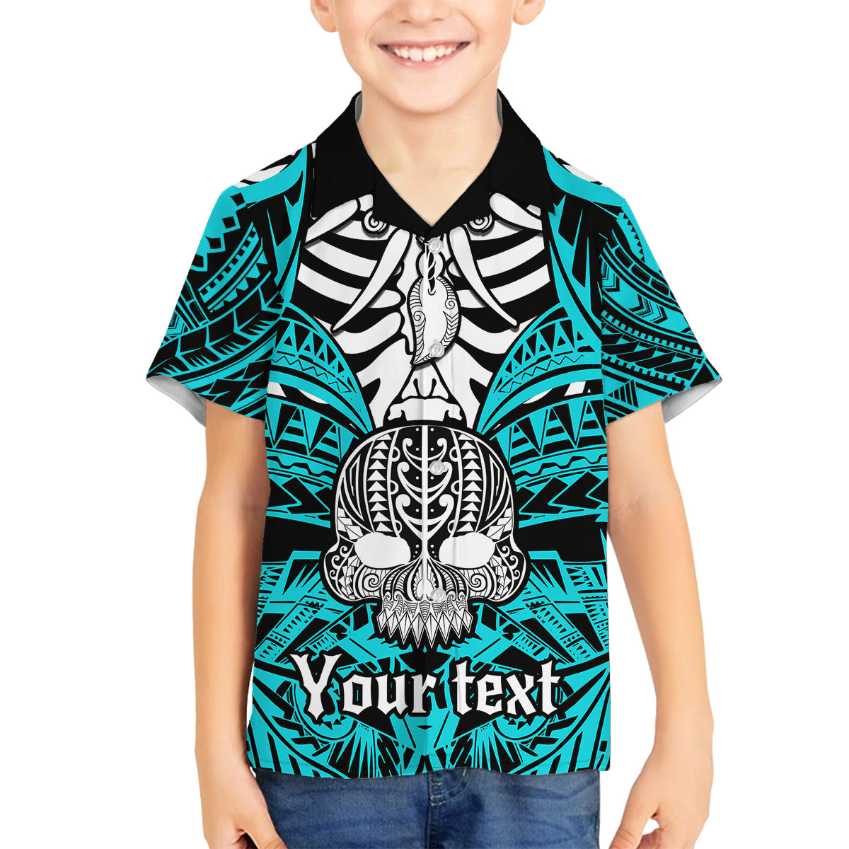 Personalised Polynesia Skull Family Matching Summer Maxi Dress and Hawaiian Shirt With Boars Tusk Aqua Arty Vibe LT9 Son's Shirt Aqua - Polynesian Pride