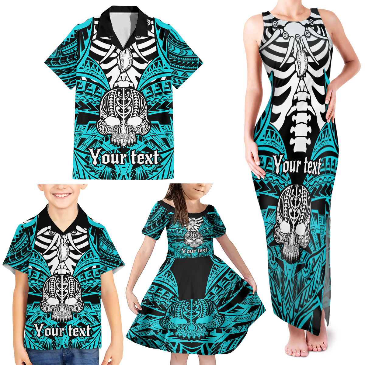 Personalised Polynesia Skull Family Matching Tank Maxi Dress and Hawaiian Shirt With Boars Tusk Aqua Arty Vibe LT9 - Polynesian Pride