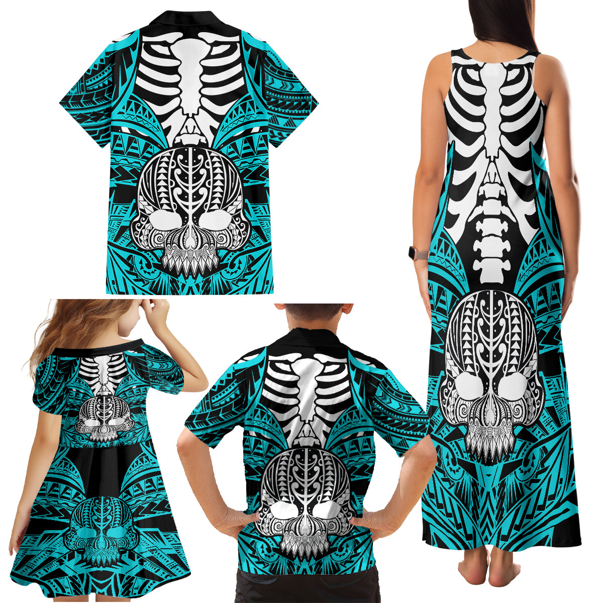 Personalised Polynesia Skull Family Matching Tank Maxi Dress and Hawaiian Shirt With Boars Tusk Aqua Arty Vibe LT9 - Polynesian Pride