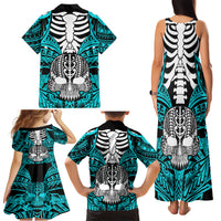 Personalised Polynesia Skull Family Matching Tank Maxi Dress and Hawaiian Shirt With Boars Tusk Aqua Arty Vibe LT9 - Polynesian Pride