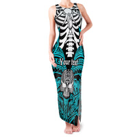 Personalised Polynesia Skull Family Matching Tank Maxi Dress and Hawaiian Shirt With Boars Tusk Aqua Arty Vibe LT9 Mom's Dress Aqua - Polynesian Pride