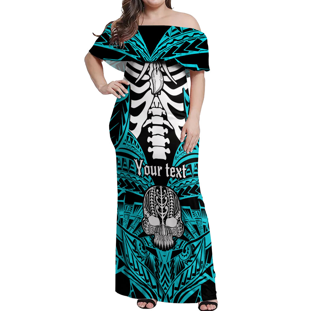 Personalised Polynesia Skull Off Shoulder Maxi Dress With Boars Tusk Aqua Arty Vibe LT9 Women Aqua - Polynesian Pride