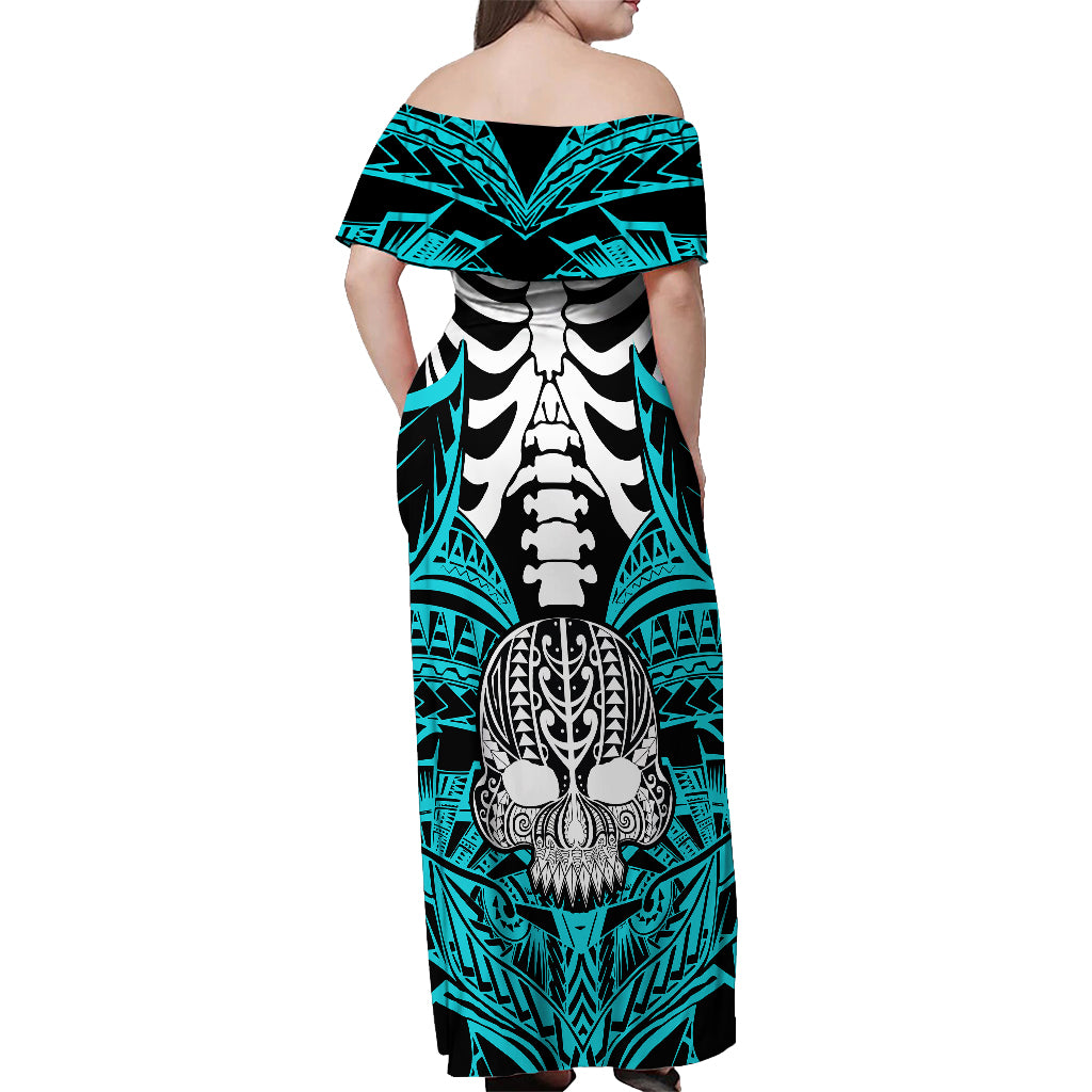 Personalised Polynesia Skull Off Shoulder Maxi Dress With Boars Tusk Aqua Arty Vibe LT9 - Polynesian Pride
