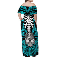 Personalised Polynesia Skull Off Shoulder Maxi Dress With Boars Tusk Aqua Arty Vibe LT9 - Polynesian Pride
