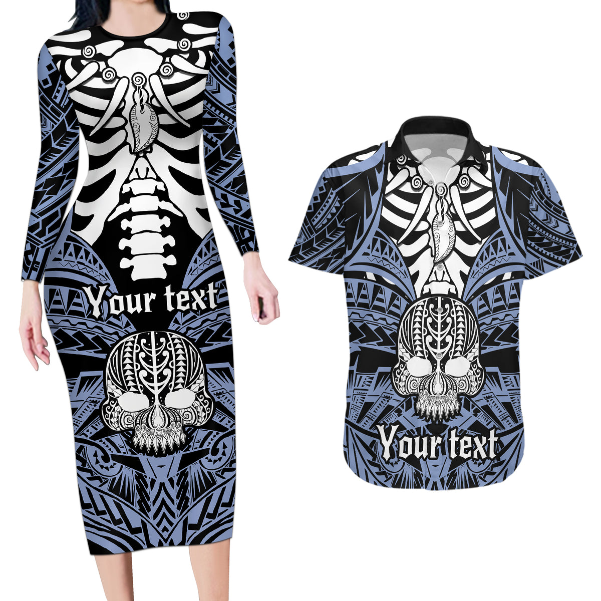 Personalised Polynesia Skull Couples Matching Long Sleeve Bodycon Dress and Hawaiian Shirt With Boars Tusk Blue Arty Vibe LT9 Blue - Polynesian Pride