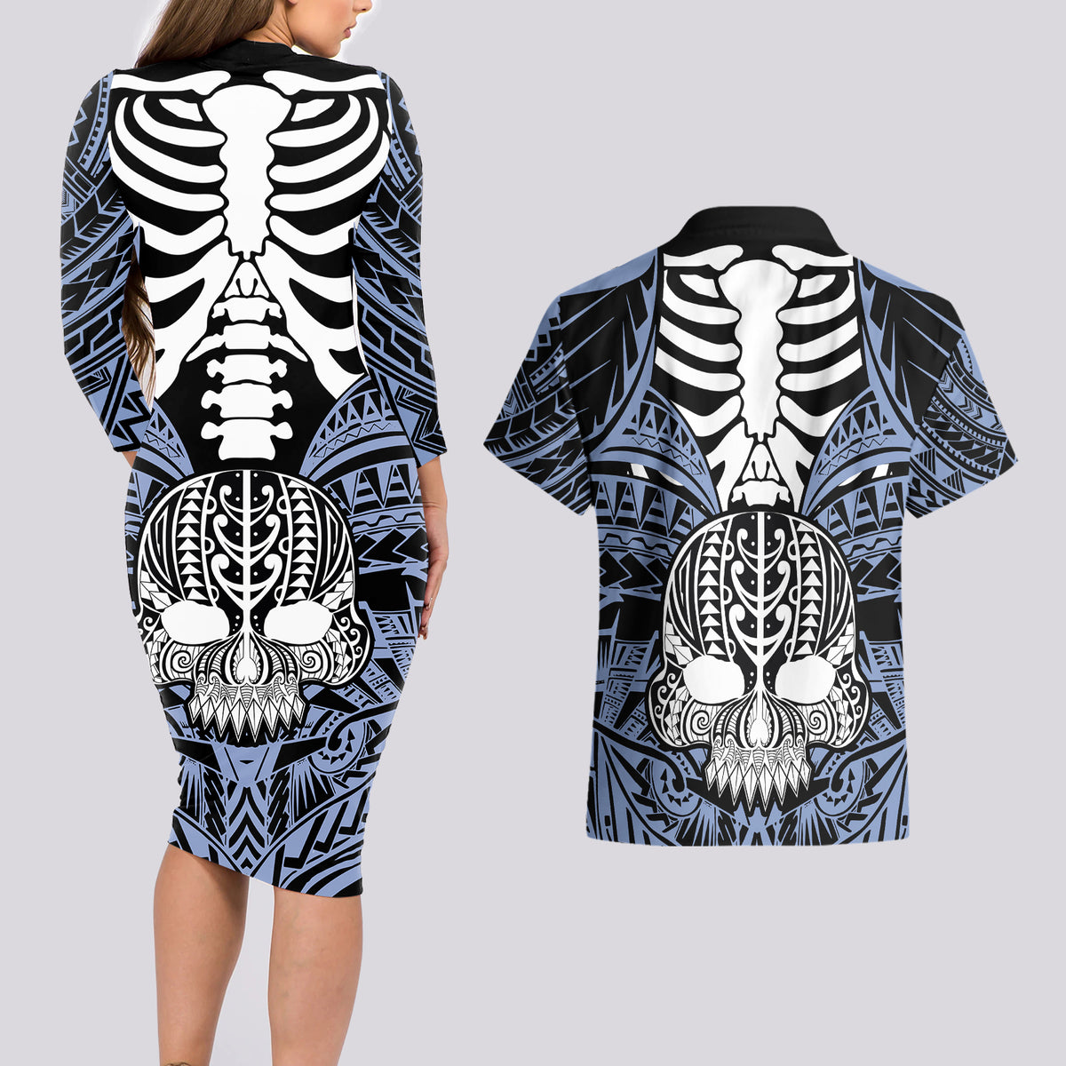 Personalised Polynesia Skull Couples Matching Long Sleeve Bodycon Dress and Hawaiian Shirt With Boars Tusk Blue Arty Vibe LT9 - Polynesian Pride