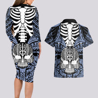 Personalised Polynesia Skull Couples Matching Long Sleeve Bodycon Dress and Hawaiian Shirt With Boars Tusk Blue Arty Vibe LT9 - Polynesian Pride