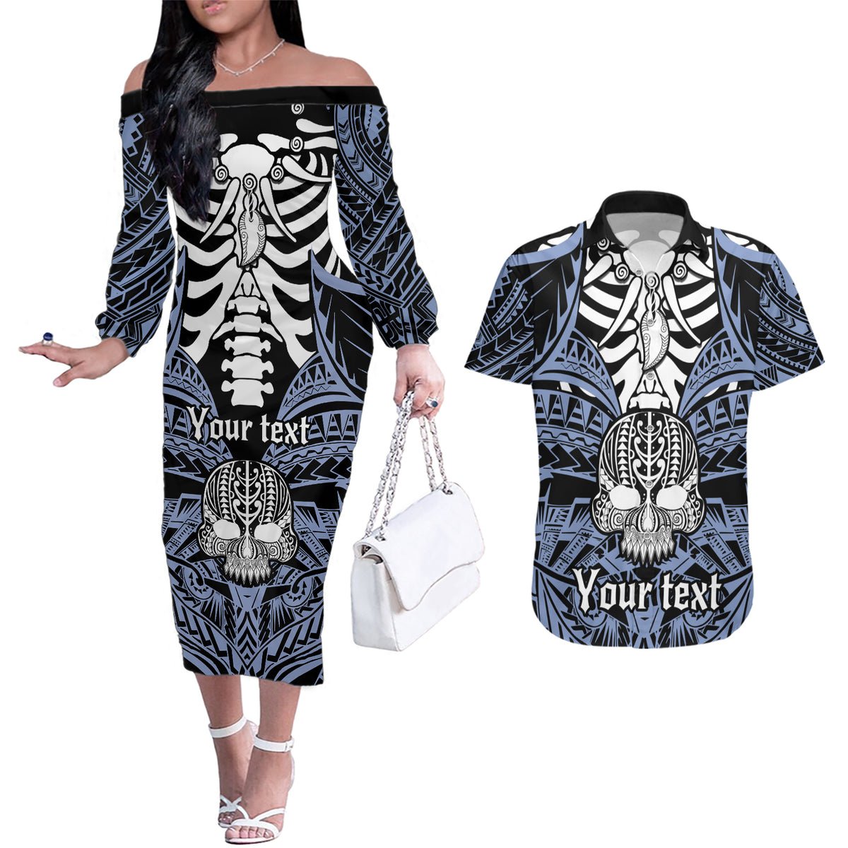 Personalised Polynesia Skull Couples Matching Off The Shoulder Long Sleeve Dress and Hawaiian Shirt With Boars Tusk Blue Arty Vibe LT9 Blue - Polynesian Pride