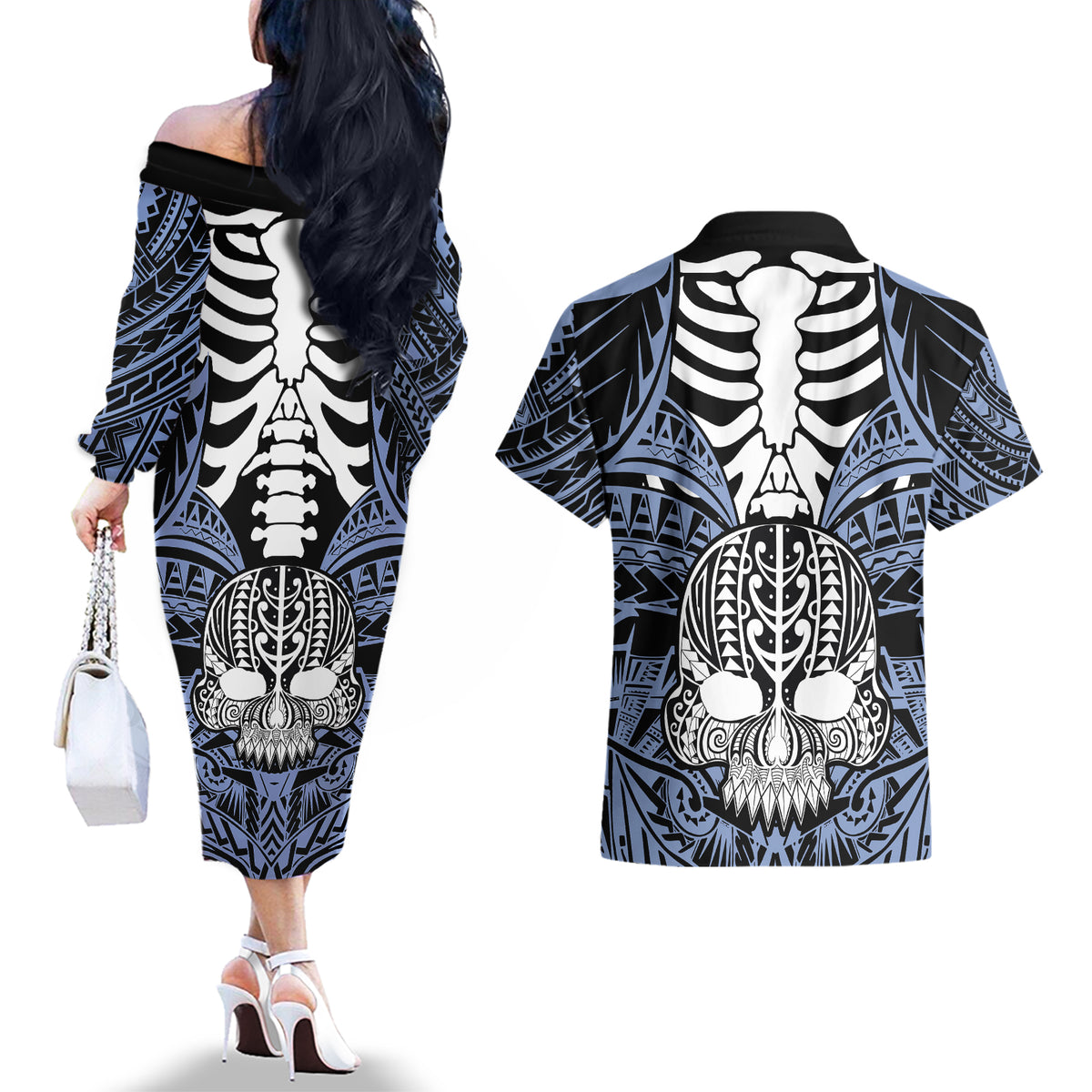 Personalised Polynesia Skull Couples Matching Off The Shoulder Long Sleeve Dress and Hawaiian Shirt With Boars Tusk Blue Arty Vibe LT9 - Polynesian Pride