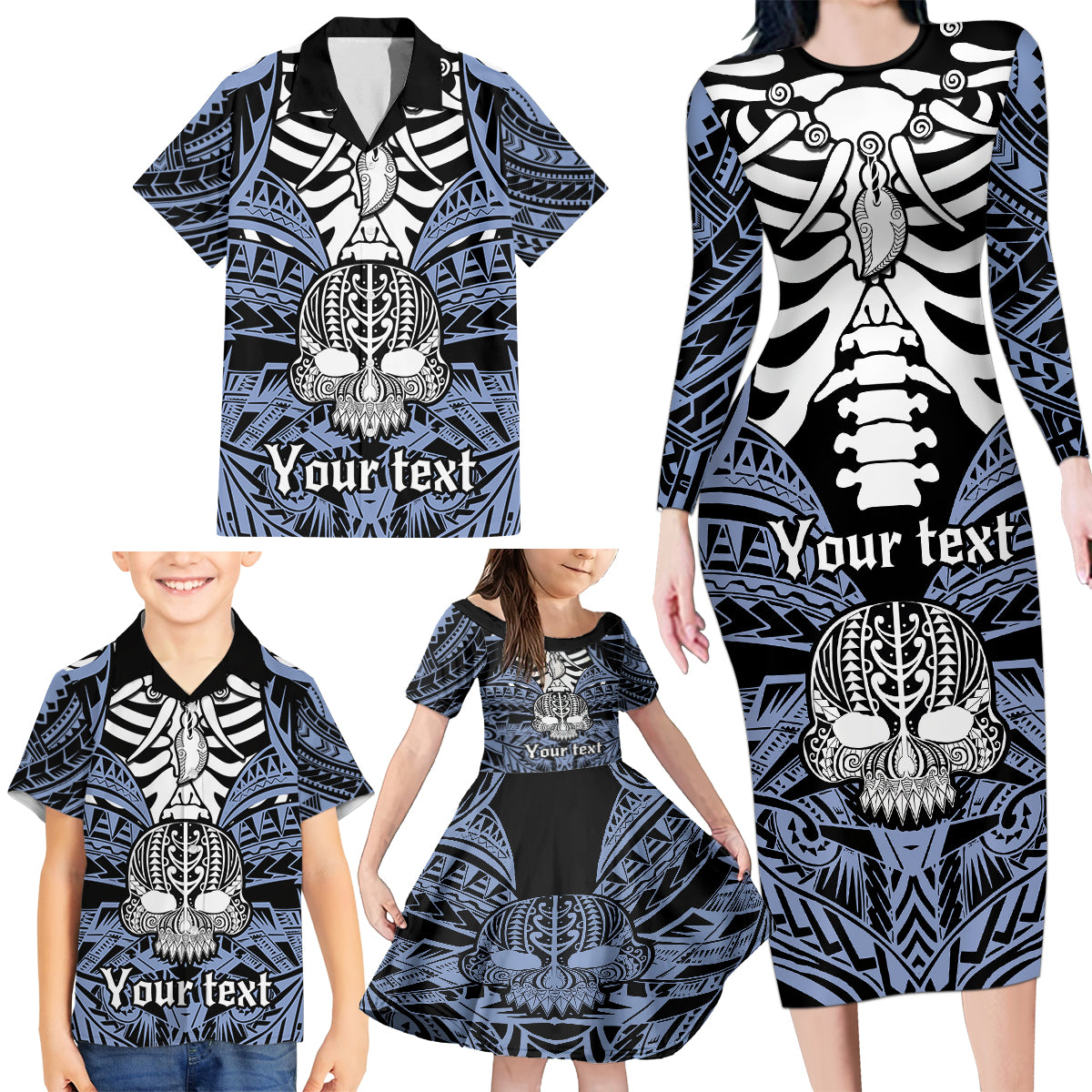 Personalised Polynesia Skull Family Matching Long Sleeve Bodycon Dress and Hawaiian Shirt With Boars Tusk Blue Arty Vibe LT9 - Polynesian Pride