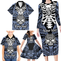 Personalised Polynesia Skull Family Matching Long Sleeve Bodycon Dress and Hawaiian Shirt With Boars Tusk Blue Arty Vibe LT9 - Polynesian Pride