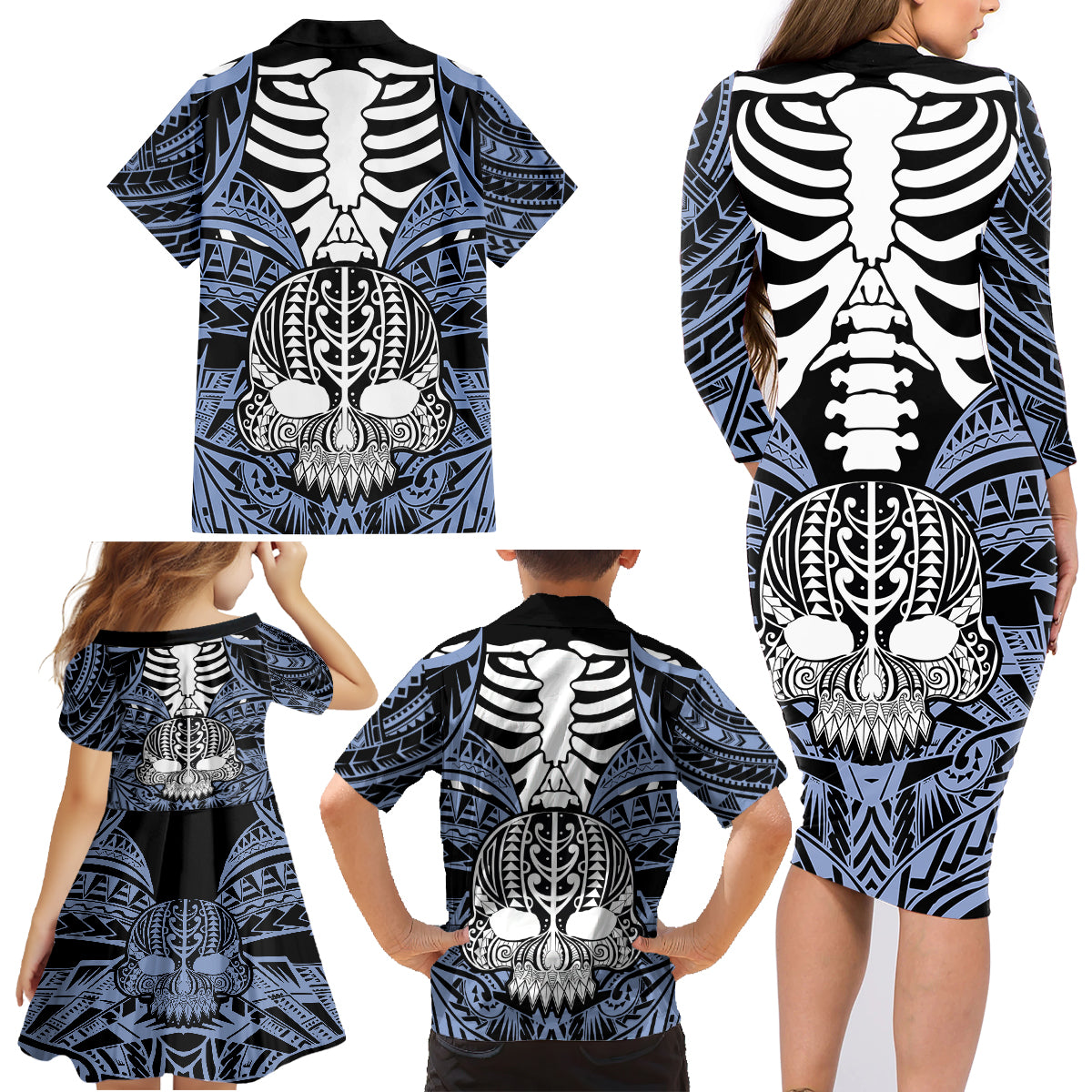 Personalised Polynesia Skull Family Matching Long Sleeve Bodycon Dress and Hawaiian Shirt With Boars Tusk Blue Arty Vibe LT9 - Polynesian Pride