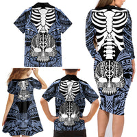 Personalised Polynesia Skull Family Matching Long Sleeve Bodycon Dress and Hawaiian Shirt With Boars Tusk Blue Arty Vibe LT9 - Polynesian Pride