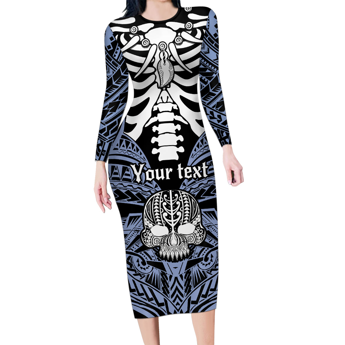 Personalised Polynesia Skull Family Matching Long Sleeve Bodycon Dress and Hawaiian Shirt With Boars Tusk Blue Arty Vibe LT9 Mom's Dress Blue - Polynesian Pride