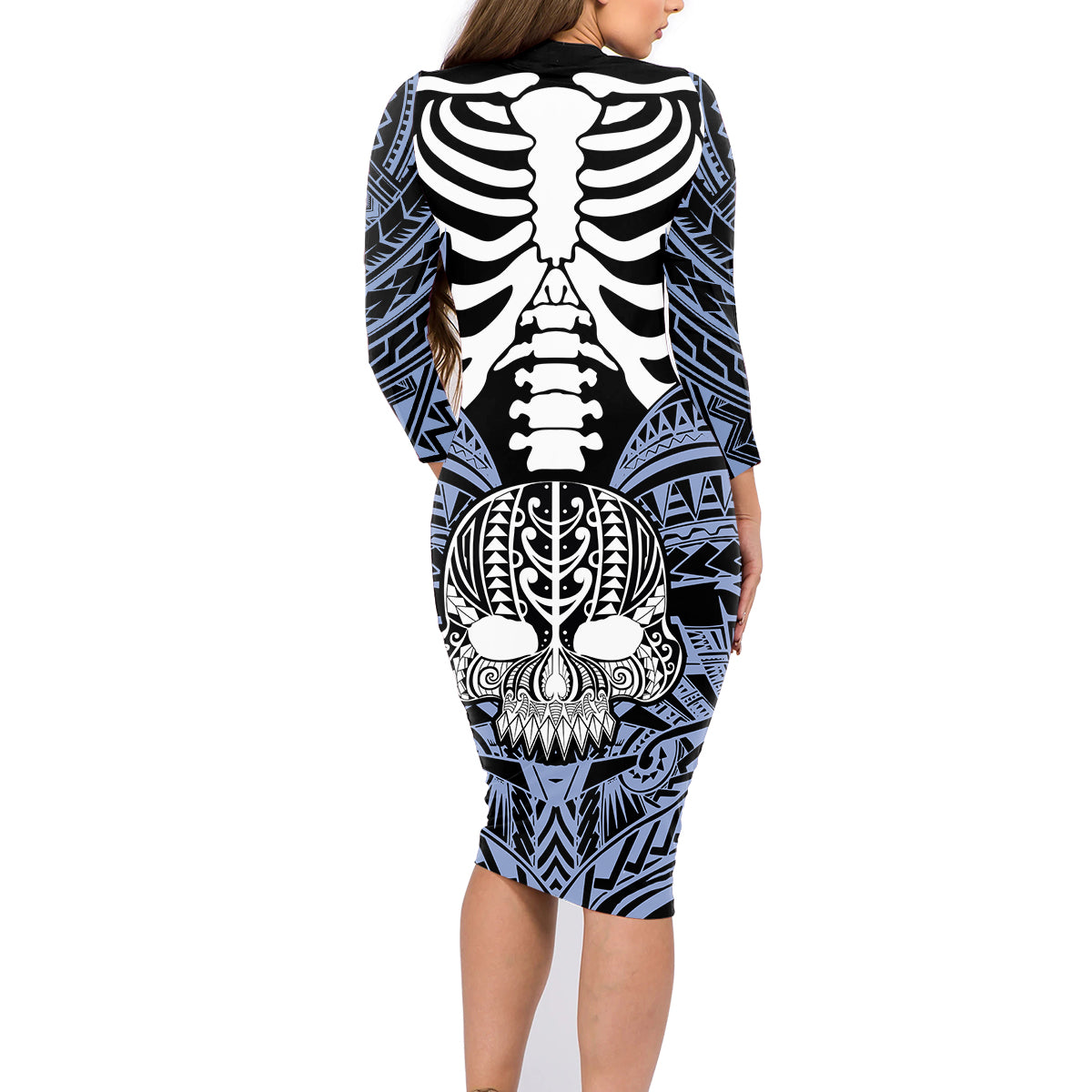 Personalised Polynesia Skull Family Matching Long Sleeve Bodycon Dress and Hawaiian Shirt With Boars Tusk Blue Arty Vibe LT9 - Polynesian Pride