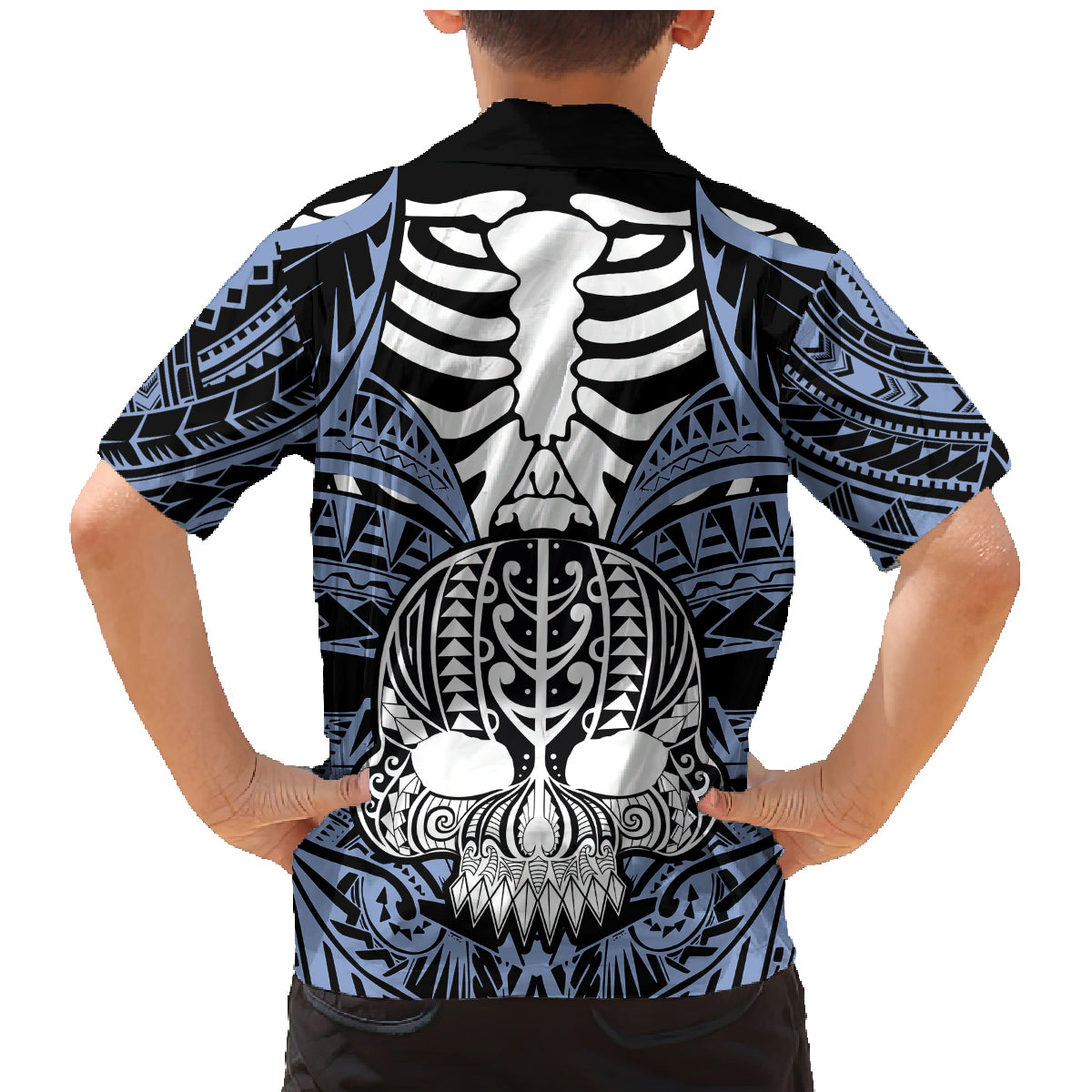 Personalised Polynesia Skull Family Matching Mermaid Dress and Hawaiian Shirt With Boars Tusk Blue Arty Vibe LT9 - Polynesian Pride