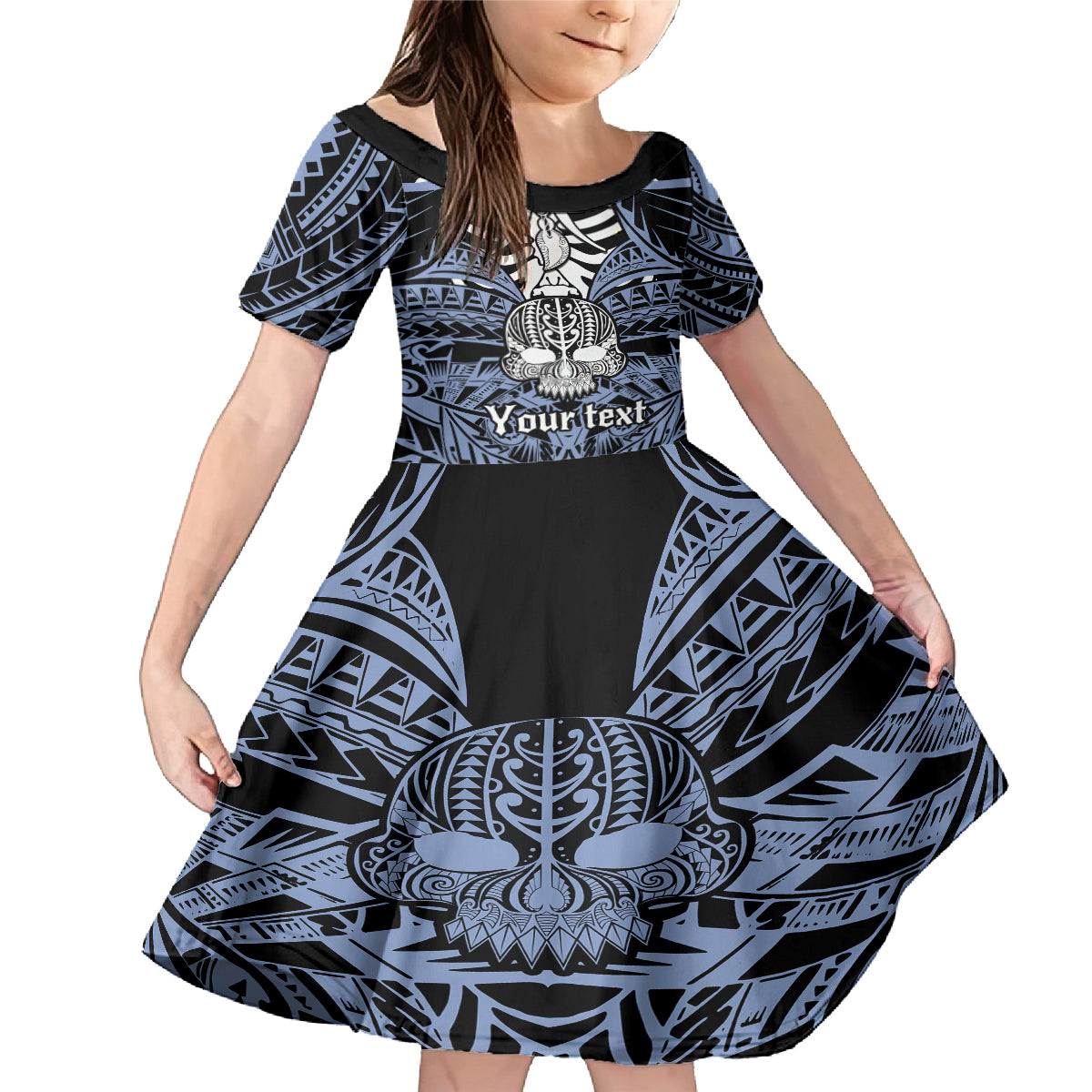 Personalised Polynesia Skull Family Matching Mermaid Dress and Hawaiian Shirt With Boars Tusk Blue Arty Vibe LT9 Daughter's Dress Blue - Polynesian Pride
