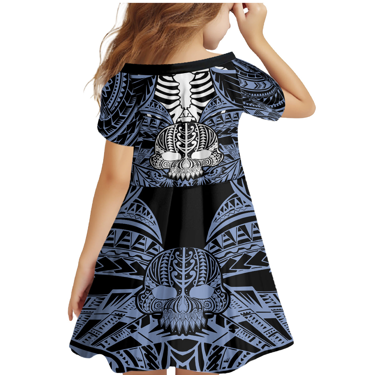 Personalised Polynesia Skull Family Matching Mermaid Dress and Hawaiian Shirt With Boars Tusk Blue Arty Vibe LT9 - Polynesian Pride