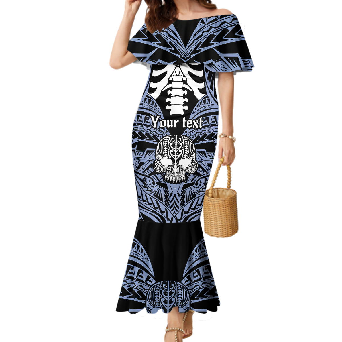 Personalised Polynesia Skull Family Matching Mermaid Dress and Hawaiian Shirt With Boars Tusk Blue Arty Vibe LT9 Mom's Dress Blue - Polynesian Pride