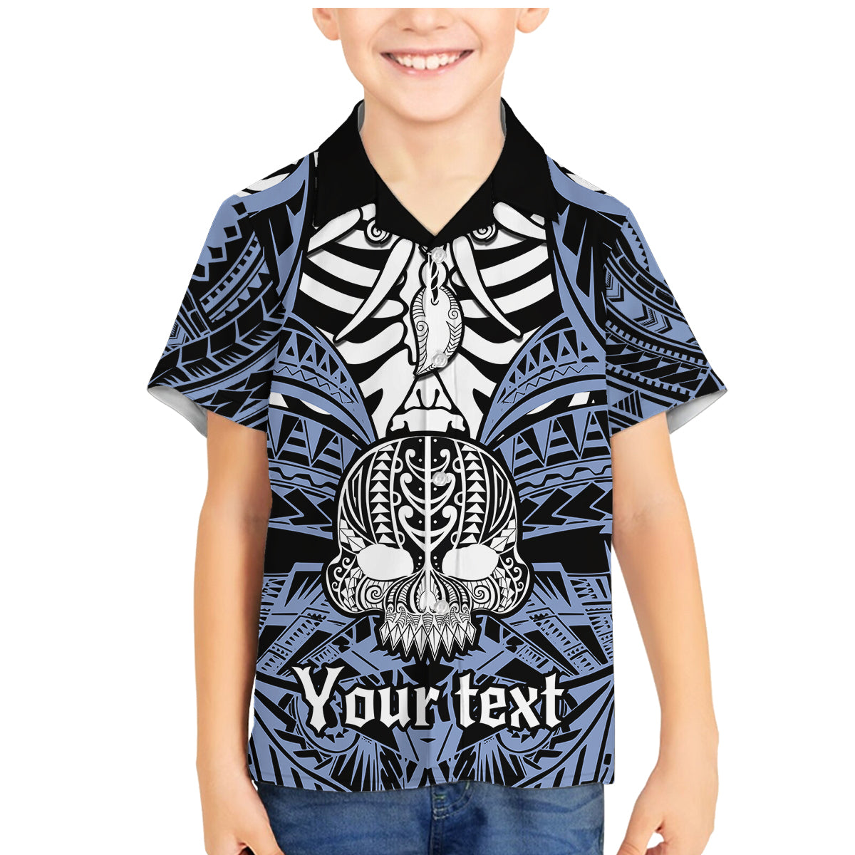 Personalised Polynesia Skull Family Matching Mermaid Dress and Hawaiian Shirt With Boars Tusk Blue Arty Vibe LT9 Son's Shirt Blue - Polynesian Pride