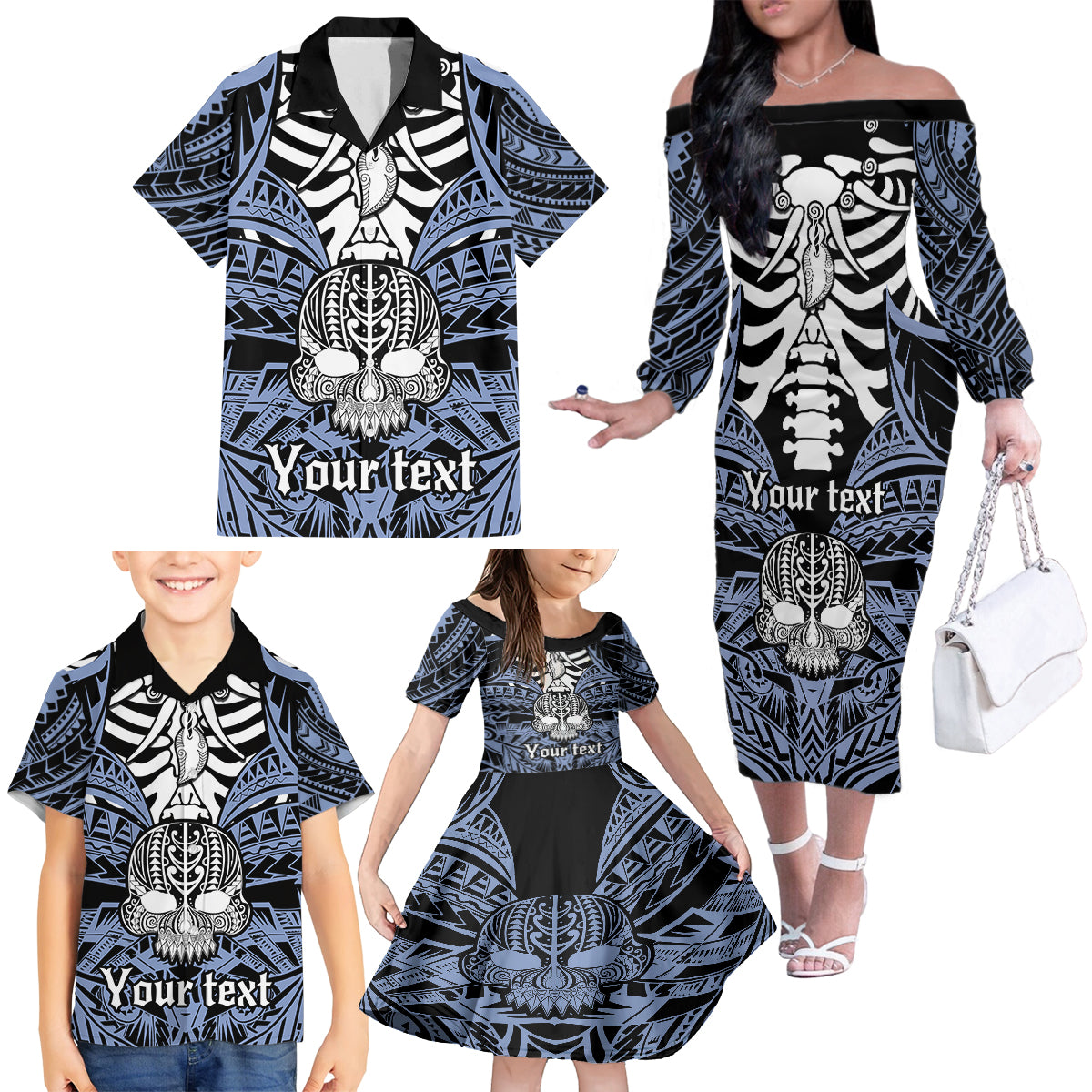 Personalised Polynesia Skull Family Matching Off Shoulder Long Sleeve Dress and Hawaiian Shirt With Boars Tusk Blue Arty Vibe LT9 - Polynesian Pride
