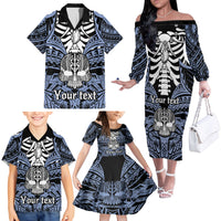 Personalised Polynesia Skull Family Matching Off Shoulder Long Sleeve Dress and Hawaiian Shirt With Boars Tusk Blue Arty Vibe LT9 - Polynesian Pride
