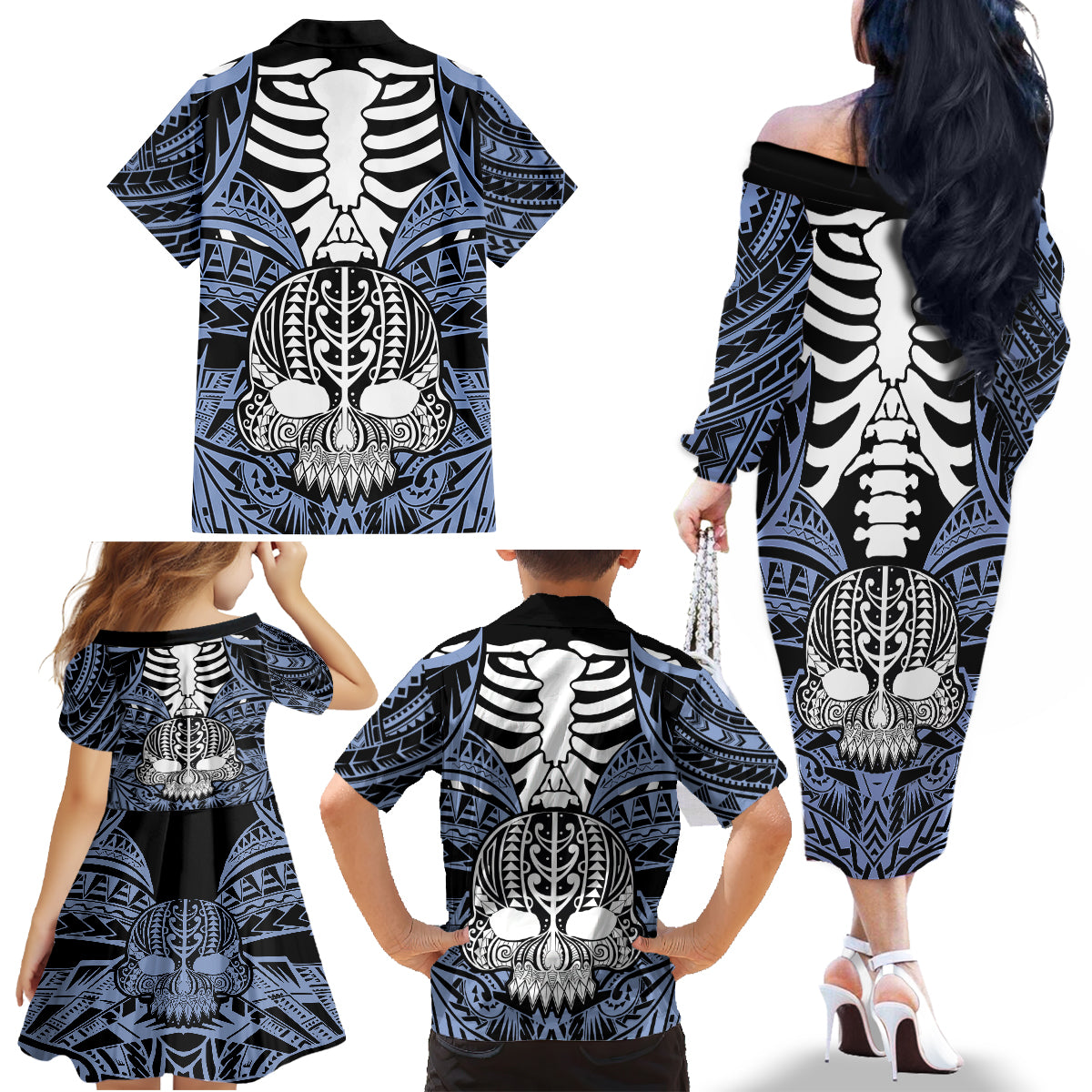 Personalised Polynesia Skull Family Matching Off Shoulder Long Sleeve Dress and Hawaiian Shirt With Boars Tusk Blue Arty Vibe LT9 - Polynesian Pride