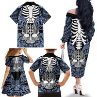 Personalised Polynesia Skull Family Matching Off Shoulder Long Sleeve Dress and Hawaiian Shirt With Boars Tusk Blue Arty Vibe LT9 - Polynesian Pride