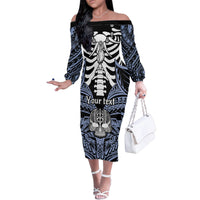 Personalised Polynesia Skull Family Matching Off Shoulder Long Sleeve Dress and Hawaiian Shirt With Boars Tusk Blue Arty Vibe LT9 Mom's Dress Blue - Polynesian Pride