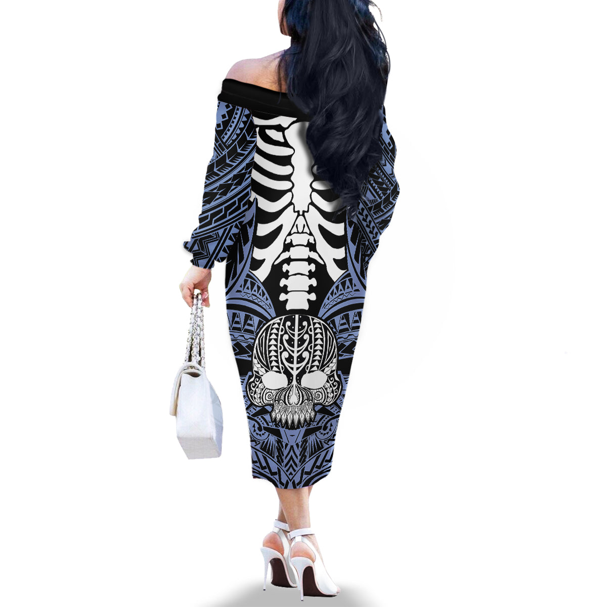 Personalised Polynesia Skull Family Matching Off Shoulder Long Sleeve Dress and Hawaiian Shirt With Boars Tusk Blue Arty Vibe LT9 - Polynesian Pride