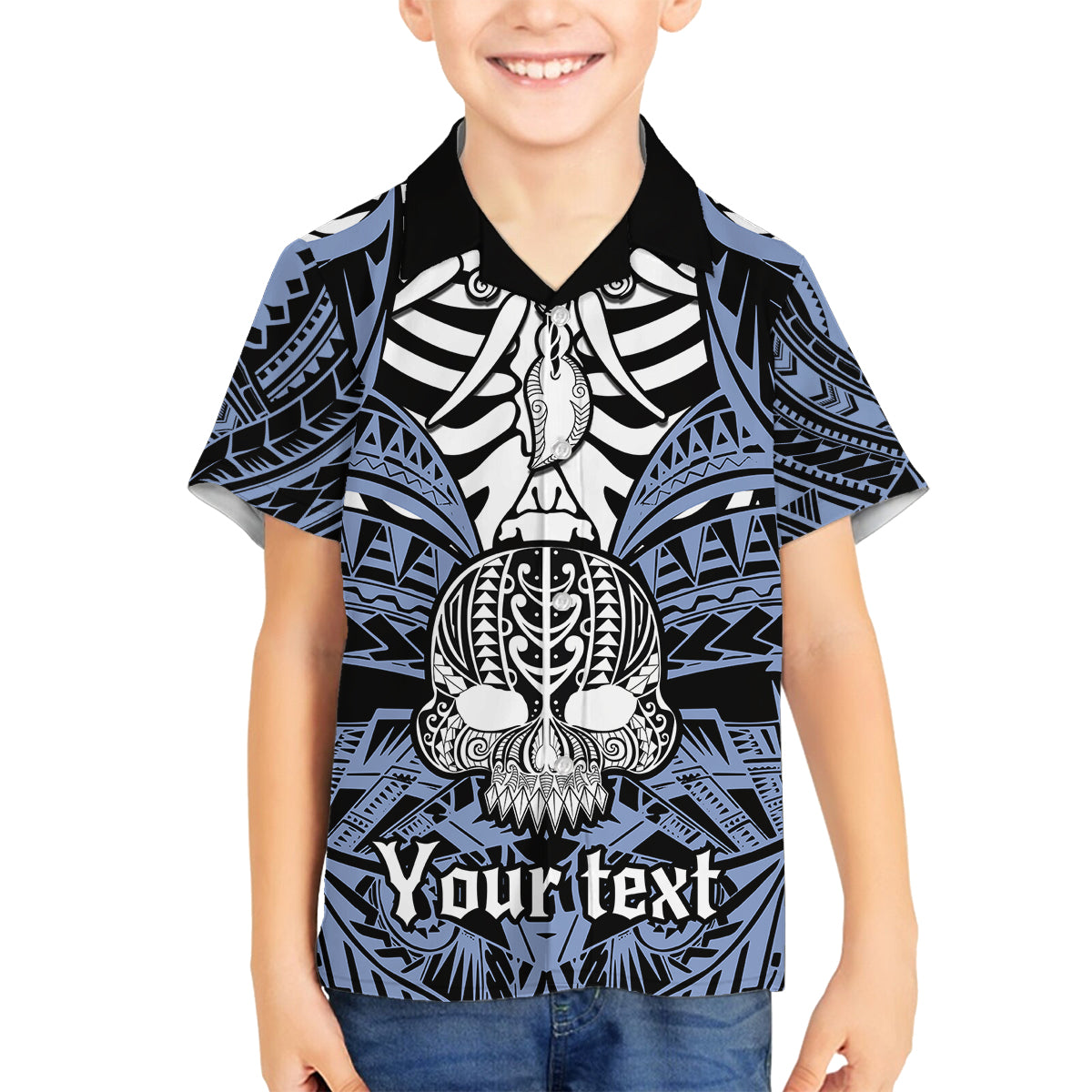 Personalised Polynesia Skull Family Matching Off Shoulder Long Sleeve Dress and Hawaiian Shirt With Boars Tusk Blue Arty Vibe LT9 Son's Shirt Blue - Polynesian Pride
