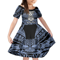 Personalised Polynesia Skull Family Matching Off Shoulder Maxi Dress and Hawaiian Shirt With Boars Tusk Blue Arty Vibe LT9 Daughter's Dress Blue - Polynesian Pride