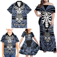 Personalised Polynesia Skull Family Matching Off Shoulder Maxi Dress and Hawaiian Shirt With Boars Tusk Blue Arty Vibe LT9 - Polynesian Pride