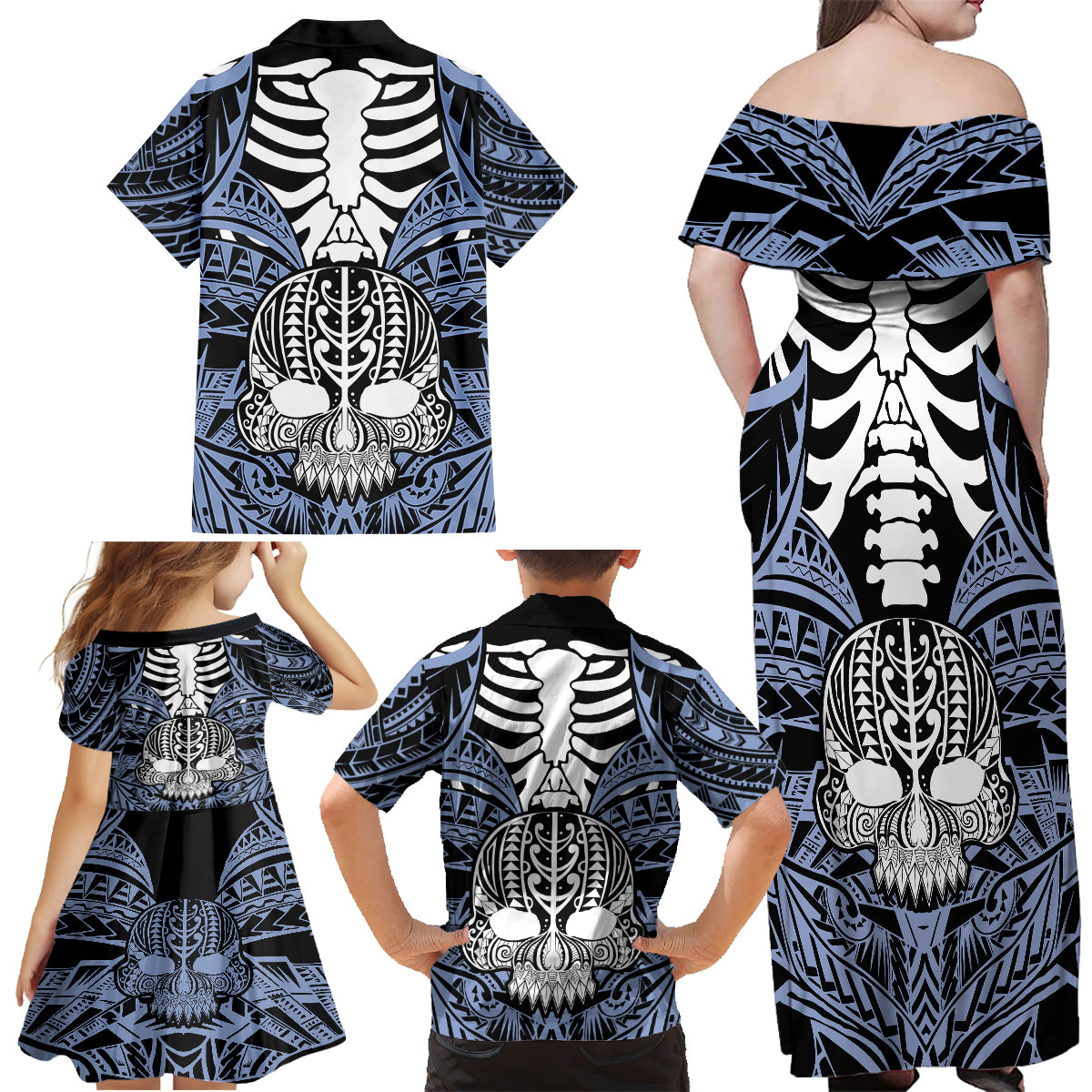 Personalised Polynesia Skull Family Matching Off Shoulder Maxi Dress and Hawaiian Shirt With Boars Tusk Blue Arty Vibe LT9 - Polynesian Pride