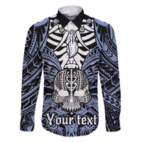 Personalised Polynesia Skull Family Matching Off Shoulder Maxi Dress and Hawaiian Shirt With Boars Tusk Blue Arty Vibe LT9 Dad's Shirt - Long Sleeve Blue - Polynesian Pride