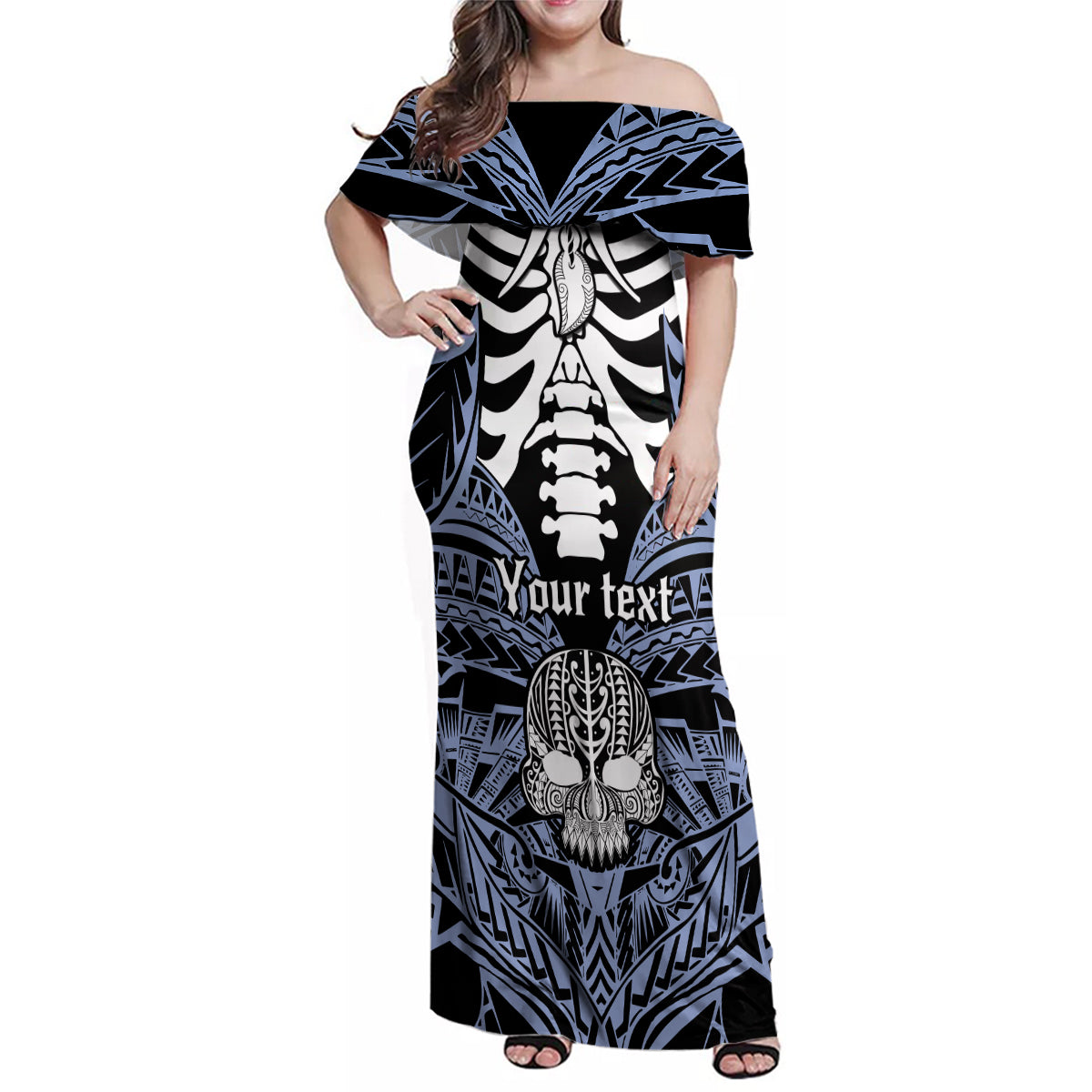Personalised Polynesia Skull Family Matching Off Shoulder Maxi Dress and Hawaiian Shirt With Boars Tusk Blue Arty Vibe LT9 Mom's Dress Blue - Polynesian Pride