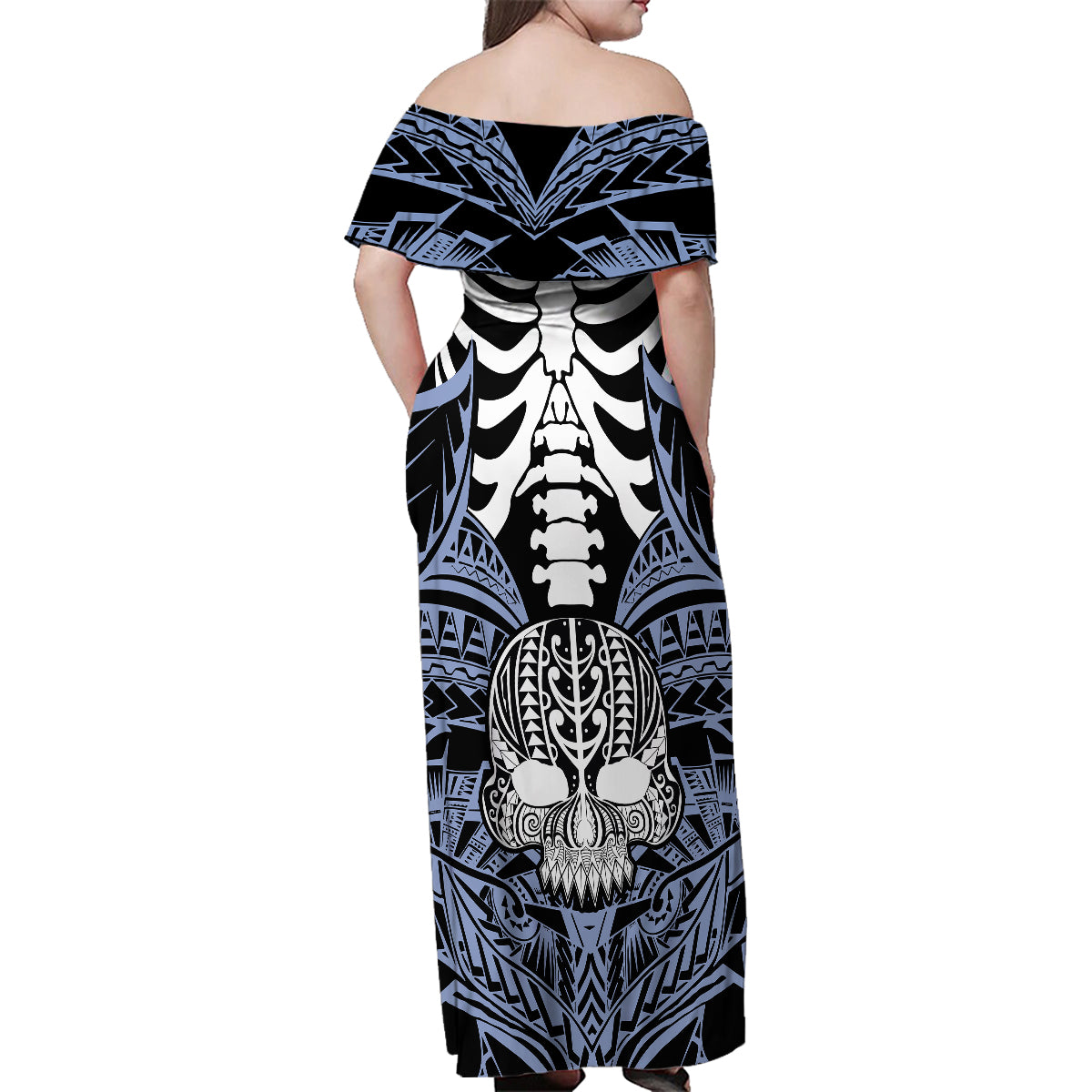 Personalised Polynesia Skull Family Matching Off Shoulder Maxi Dress and Hawaiian Shirt With Boars Tusk Blue Arty Vibe LT9 - Polynesian Pride