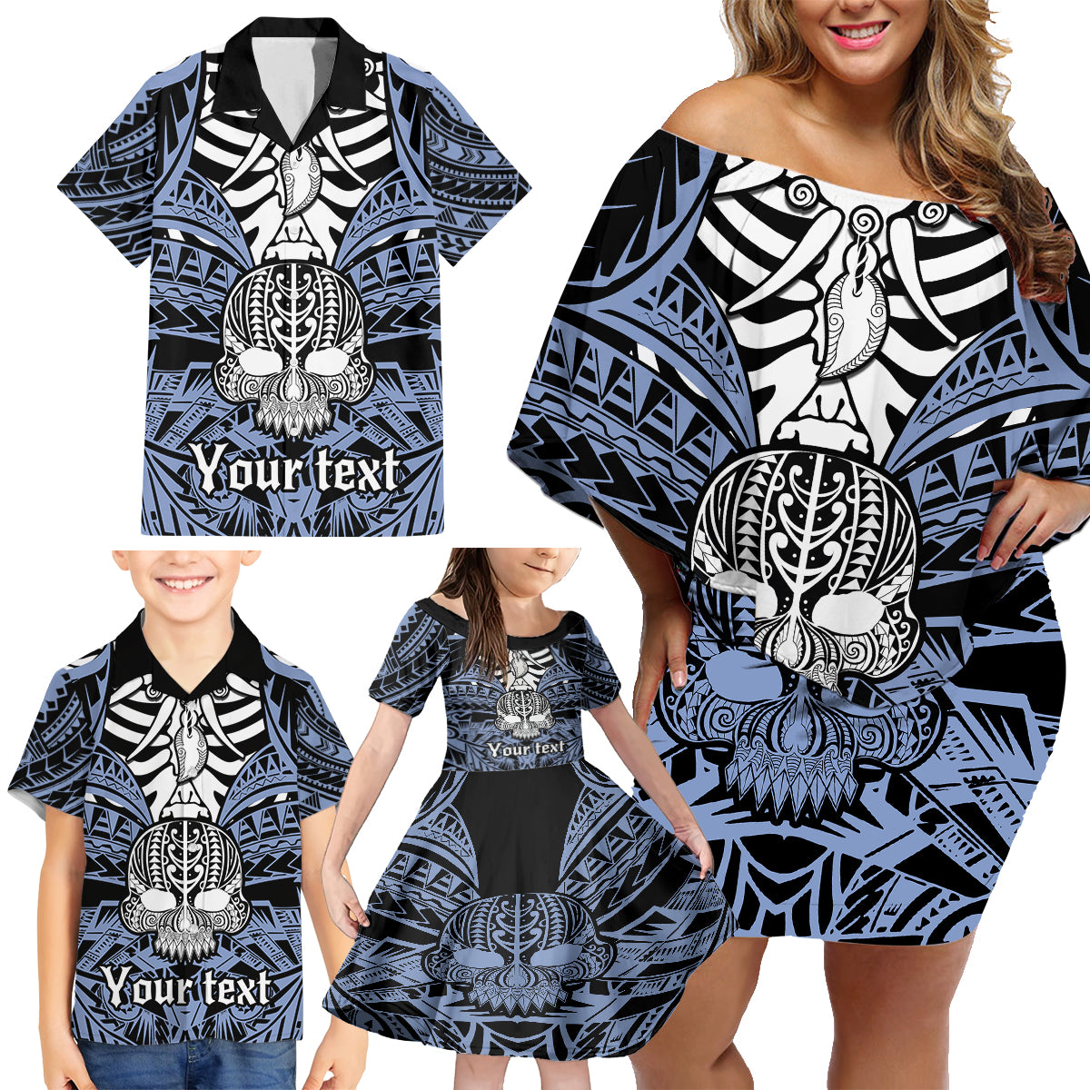 Personalised Polynesia Skull Family Matching Off Shoulder Short Dress and Hawaiian Shirt With Boars Tusk Blue Arty Vibe LT9 - Polynesian Pride