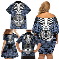 Personalised Polynesia Skull Family Matching Off Shoulder Short Dress and Hawaiian Shirt With Boars Tusk Blue Arty Vibe LT9 - Polynesian Pride