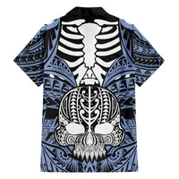 Personalised Polynesia Skull Family Matching Off Shoulder Short Dress and Hawaiian Shirt With Boars Tusk Blue Arty Vibe LT9 - Polynesian Pride