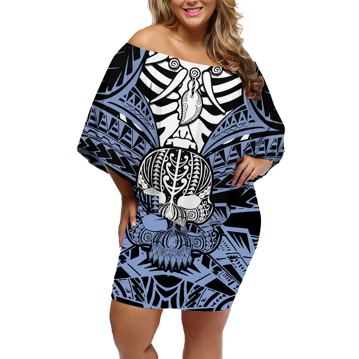 Personalised Polynesia Skull Family Matching Off Shoulder Short Dress and Hawaiian Shirt With Boars Tusk Blue Arty Vibe LT9 Mom's Dress Blue - Polynesian Pride