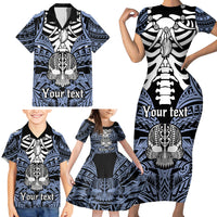 Personalised Polynesia Skull Family Matching Short Sleeve Bodycon Dress and Hawaiian Shirt With Boars Tusk Blue Arty Vibe LT9 - Polynesian Pride