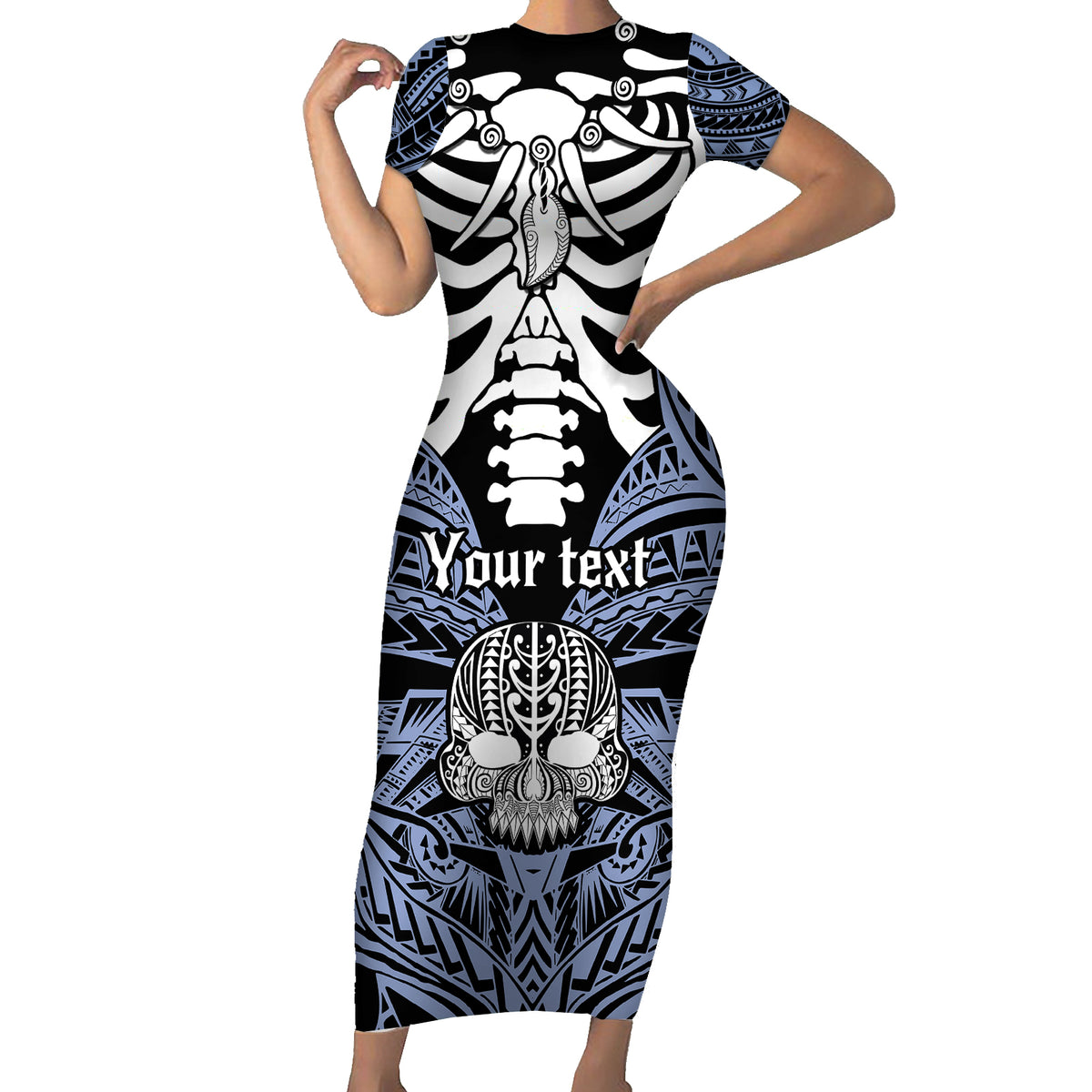 Personalised Polynesia Skull Family Matching Short Sleeve Bodycon Dress and Hawaiian Shirt With Boars Tusk Blue Arty Vibe LT9 Mom's Dress Blue - Polynesian Pride