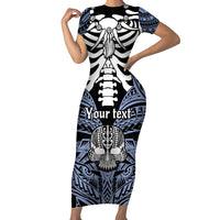 Personalised Polynesia Skull Family Matching Short Sleeve Bodycon Dress and Hawaiian Shirt With Boars Tusk Blue Arty Vibe LT9 Mom's Dress Blue - Polynesian Pride